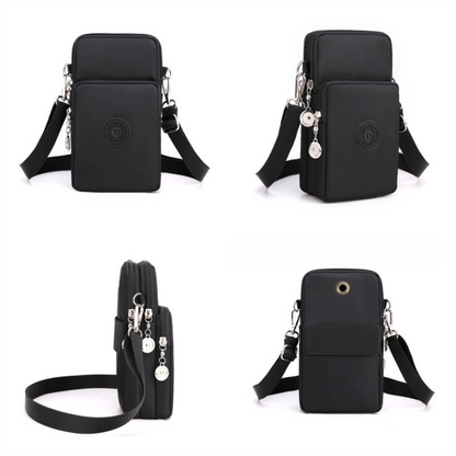 Khaki 3-Layer Waterproof Nylon Vertical Crossbody Phone Bag -  Lightweight Phone Purse with Headphone Jack & Adjustable Strap