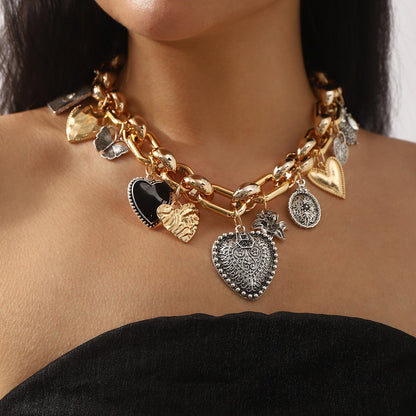 European and American Statement Exaggerated Heart & Floral Rhinestone Necklace - Adjustable Retro Chunky Clavicle Chain (Sliver)