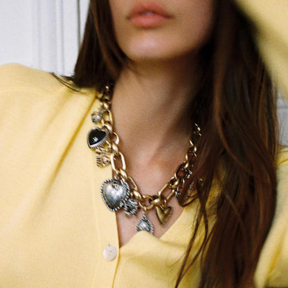European and American Statement Exaggerated Heart & Floral Rhinestone Necklace - Adjustable Retro Chunky Clavicle Chain (Sliver)