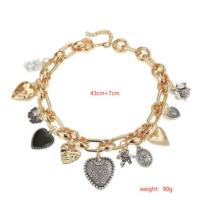 European and American Statement Exaggerated Heart & Floral Rhinestone Necklace - Adjustable Retro Chunky Clavicle Chain (Sliver)