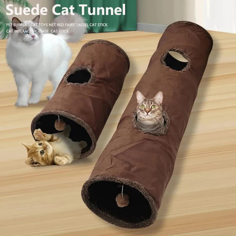 30X67CM Brown Durable Suede Foldable Cat Tunnel - Interactive Multi-Sensory Play Tube with Crinkle Paper & Plush Interior, plush ball and Steel Frame