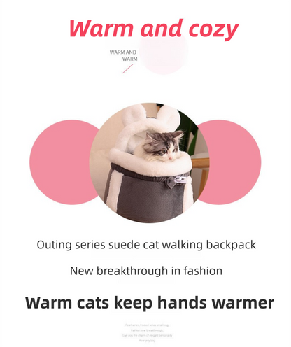 Grey 2-in-1 Ultra-Soft Plush Pet Carrier & Mobile Bed - Portable & Lightweight Cute Cat Ear Design Travel Cabin (L 33 x 25 x 27CM)