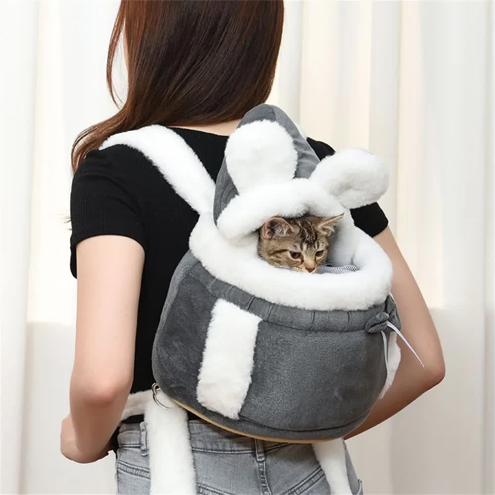 Grey 2-in-1 Ultra-Soft Plush Pet Carrier & Mobile Bed - Portable & Lightweight Cute Cat Ear Design Travel Cabin (L 33 x 25 x 27CM)