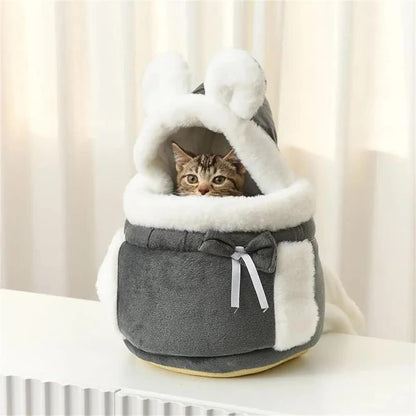 Grey 2-in-1 Ultra-Soft Plush Pet Carrier & Mobile Bed - Portable & Lightweight Cute Cat Ear Design Travel Cabin (XL 38 x 25 x 30CM)