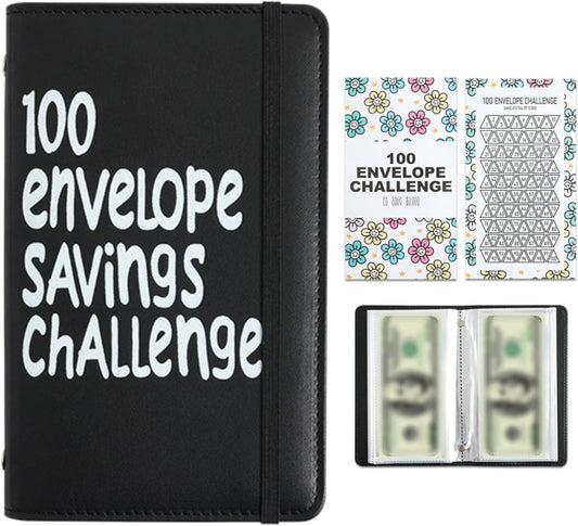 Black 100 Days Envelope Savings Challenge with 50 Clear Double-Sided Pages - Portable A6 Size for Budgeting & Financial Goals.