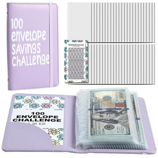 Purple 100 Days Envelope Savings Challenge with 50 Clear Double-Sided Pages - Portable A6 Size for Budgeting & Financial Goals.