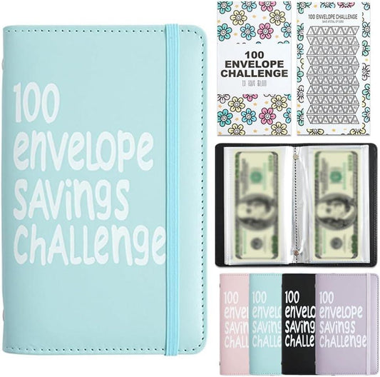 Blue 100 Days Envelope Savings Challenge with 50 Clear Double-Sided Pages - Portable A6 Size for Budgeting & Financial Goals.