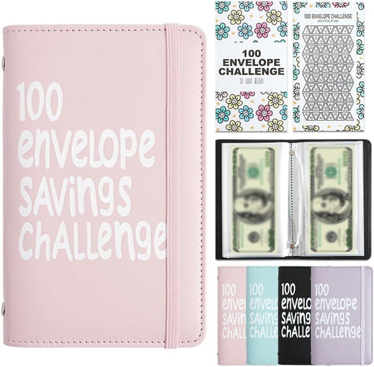 Pink 100 Days Envelope Savings Challenge with 50 Clear Double-Sided Pages - Portable A6 Size for Budgeting & Financial Goals.