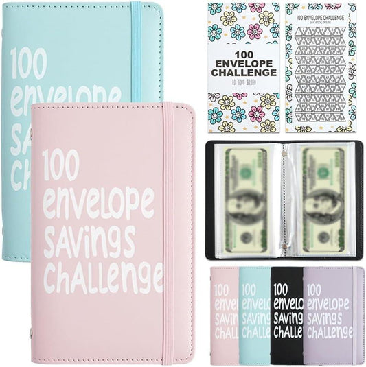 Two-Player 100 Days Envelope Savings Challenge with 50 Clear Double-Sided Pages - Portable A6 Size for Budgeting & Financial Goals (Pink + Blue).