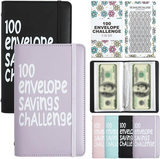 Two-Player 100 Days Envelope Savings Challenge with 50 Clear Double-Sided Pages - Portable A6 Size for Budgeting & Financial Goals (Purple + Black).