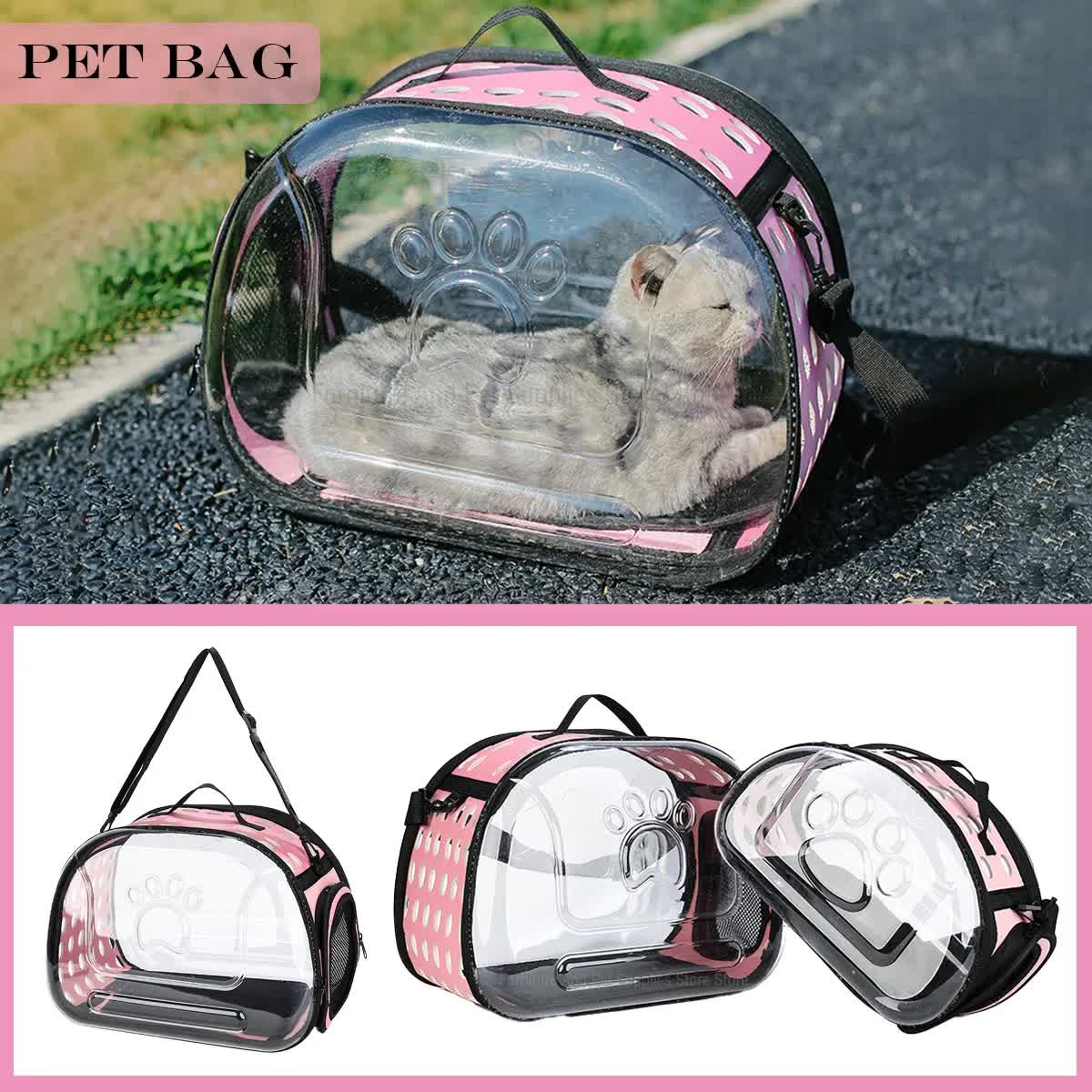 Black Foldable Breathable Pet Carrier with Panoramic Window & Strap - EVA &  Lychee Leather Crossbody Travel Bag (L 42 x 33 x 28.5CM)