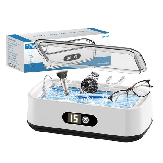 X82 White Ultrasonic Jewelry & Eyeglass Deep Cleaner with Cloth - LCD Digital Display & 5-Level Intelligent Timers and Large 650ml Stainless Steel Tank.