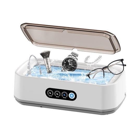 X81 White Ultrasonic Jewelry & Eyeglass Deep Cleaner with Cloth - Touch Control & 3-Level Intelligent Timers and Large 650ml Stainless Steel Tank.