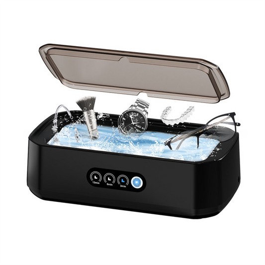 X81 Black Ultrasonic Jewelry & Eyeglass Deep Cleaner with Cloth - Touch Control & 3-Level Intelligent Timers and Large 650ml Stainless Steel Tank.