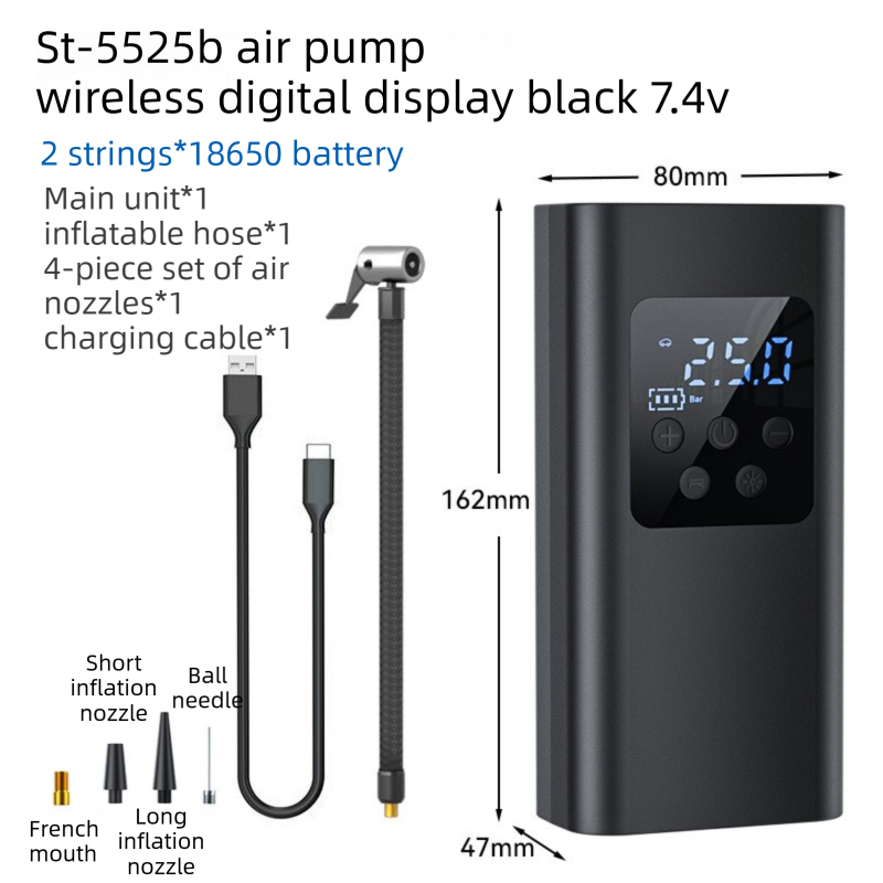 Wireless Rechargeable Tire Inflator with 4 Inflation Modes & 5 Inflatable Parts - Real-Time LCD Precision Gauge, Auto-Stop & Emergency LED Light(2-Cell).