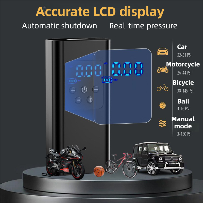 Wireless Rechargeable Tire Inflator with 4 Inflation Modes & 5 Inflatable Parts - Real-Time LCD Precision Gauge, Auto-Stop & Emergency LED Light(2-Cell).