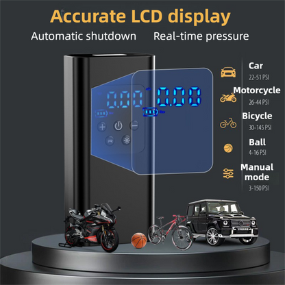 Wireless Rechargeable Tire Inflator with 4 Inflation Modes & 5 Inflatable Parts - Real-Time LCD Precision Gauge, Auto-Stop & Emergency LED Light(2-Cell).
