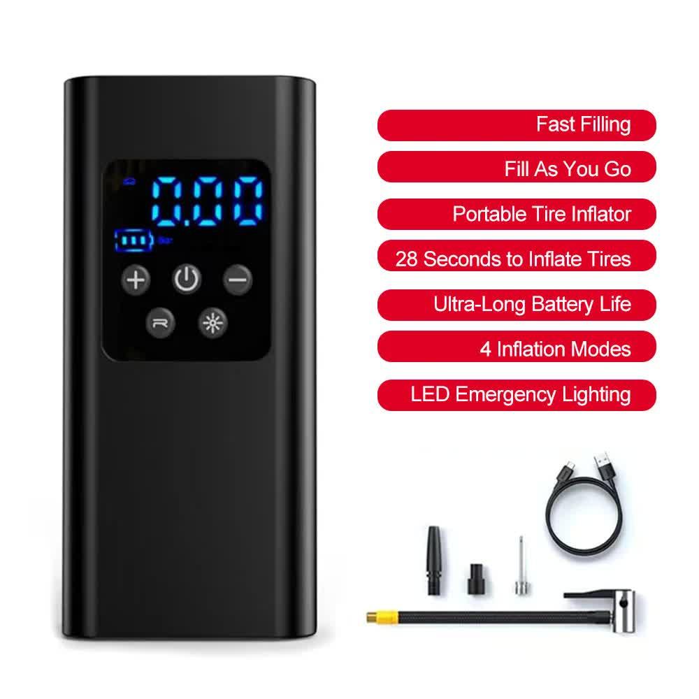 Wireless Rechargeable Tire Inflator with 4 Inflation Modes & 5 Inflatable Parts - Real-Time LCD Precision Gauge, Auto-Stop & Emergency LED Light(2-Cell).