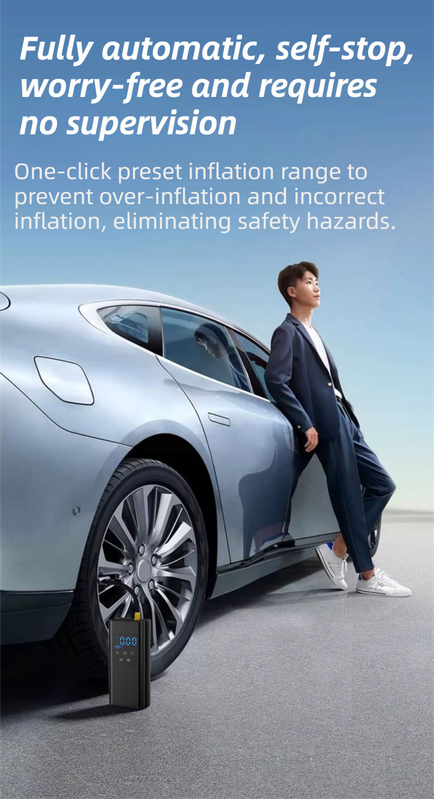 Wireless Rechargeable Tire Inflator with 4 Inflation Modes & 5 Inflatable Parts - Real-Time LCD Precision Gauge, Auto-Stop & Emergency LED Light(2-Cell).