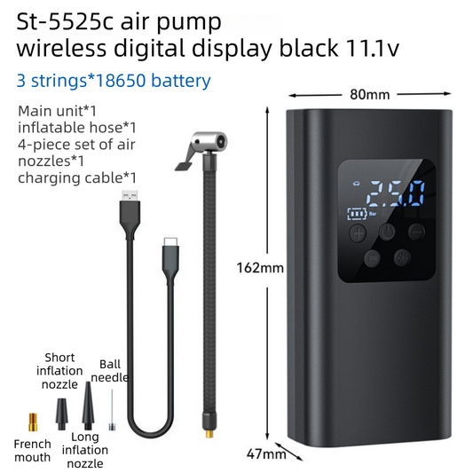 Wireless Rechargeable Tire Inflator with 4 Inflation Modes & 5 Inflatable Parts - Real-Time LCD Precision Gauge, Auto-Stop & Emergency LED Light(3-Cell).