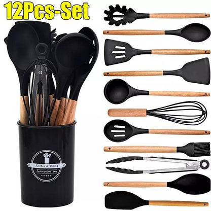 12-Piece Black Heat-Resistant Silicone Cooking Utensils with Wooden Handles and Box - Non-Stick Scratch-Free Kitchen Tool Kit