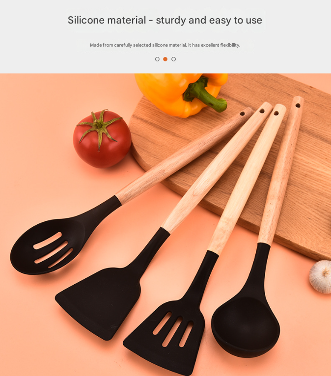 12-Piece Black Heat-Resistant Silicone Cooking Utensils with Wooden Handles and Box - Non-Stick Scratch-Free Kitchen Tool Kit