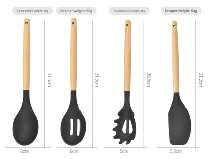 12-Piece Black Heat-Resistant Silicone Cooking Utensils with Wooden Handles and Box - Non-Stick Scratch-Free Kitchen Tool Kit