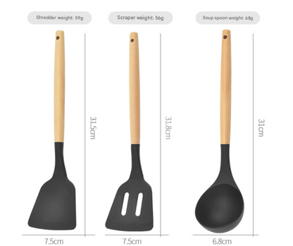 12-Piece White Heat-Resistant Silicone Cooking Utensils with Wooden Handles and Box - Non-Stick Scratch-Free Kitchen Tool Kit