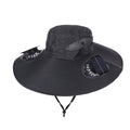 Black Dual Turbo Fan Sun Hat with Square Solar Panel & TypeC Interface - Waterproof 14cm Wide-Brim Cooling Hat for Outdoor Fishing Hiking Camping.