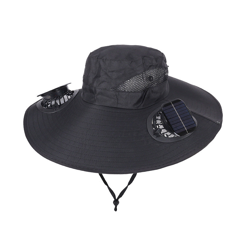 Black Dual Turbo Fan Sun Hat with Square Solar Panel & TypeC Interface - Waterproof 14cm Wide-Brim Cooling Hat for Outdoor Fishing Hiking Camping.