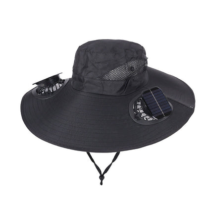 Black Dual Turbo Fan Sun Hat with Square Solar Panel & TypeC Interface - Waterproof 14cm Wide-Brim Cooling Hat for Outdoor Fishing Hiking Camping.