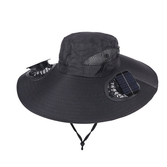 Black Dual Turbo Fan Sun Hat with Square Solar Panel & TypeC Interface - Waterproof 14cm Wide-Brim Cooling Hat for Outdoor Fishing Hiking Camping.