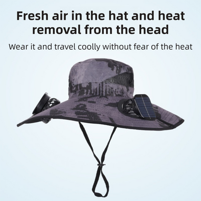 Black Dual Turbo Fan Sun Hat with Square Solar Panel & TypeC Interface - Waterproof 14cm Wide-Brim Cooling Hat for Outdoor Fishing Hiking Camping.