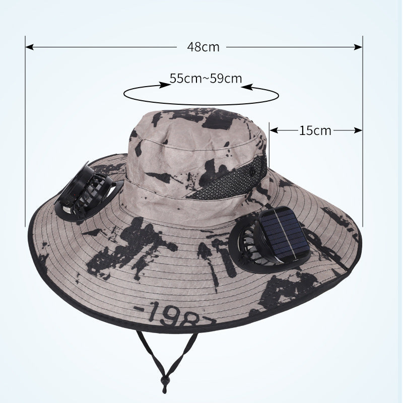 Black Dual Turbo Fan Sun Hat with Square Solar Panel & TypeC Interface - Waterproof 14cm Wide-Brim Cooling Hat for Outdoor Fishing Hiking Camping.