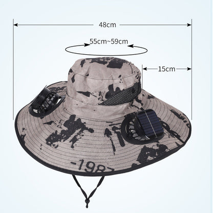 Black Dual Turbo Fan Sun Hat with Square Solar Panel & TypeC Interface - Waterproof 14cm Wide-Brim Cooling Hat for Outdoor Fishing Hiking Camping.
