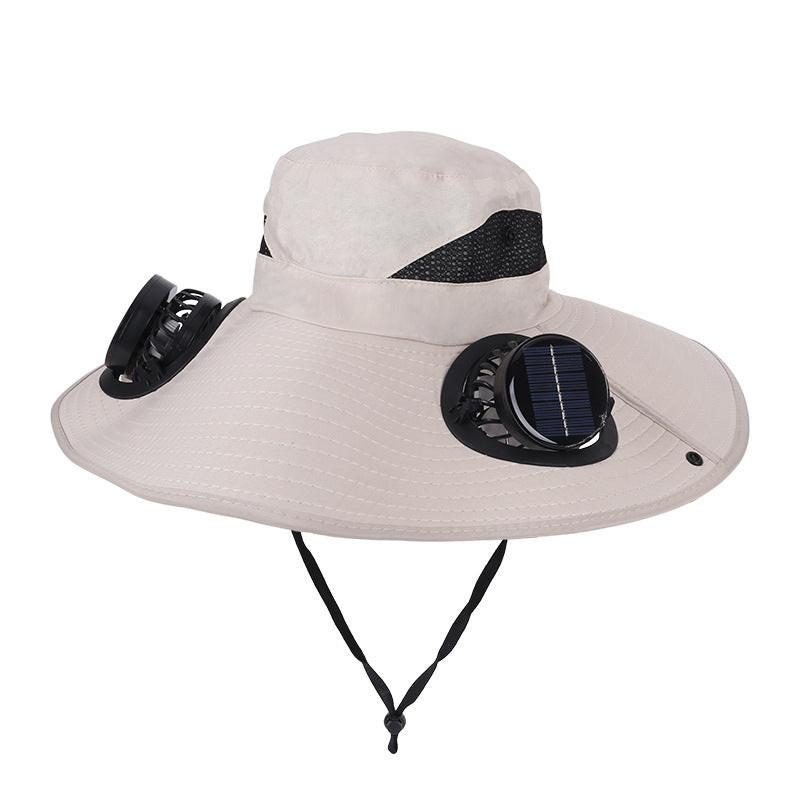 Khaki Dual Turbo Fan Sun Hat with Round Solar Panel & TypeC Interface - Waterproof 14cm Wide-Brim Cooling Hat for Outdoor Fishing Hiking Camping.