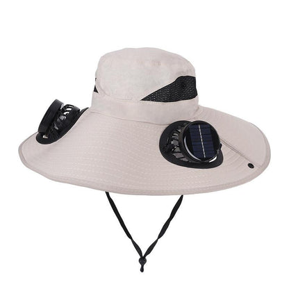 Khaki Dual Turbo Fan Sun Hat with Round Solar Panel & TypeC Interface - Waterproof 14cm Wide-Brim Cooling Hat for Outdoor Fishing Hiking Camping.