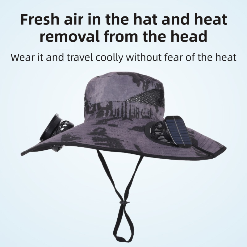 Khaki Dual Turbo Fan Sun Hat with Round Solar Panel & TypeC Interface - Waterproof 14cm Wide-Brim Cooling Hat for Outdoor Fishing Hiking Camping.