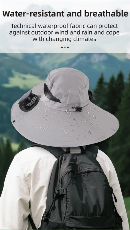 Khaki Dual Turbo Fan Sun Hat with Round Solar Panel & TypeC Interface - Waterproof 14cm Wide-Brim Cooling Hat for Outdoor Fishing Hiking Camping.