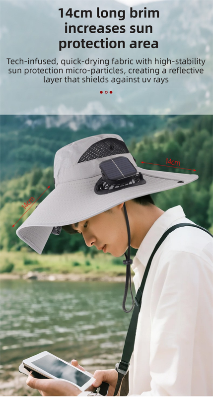 Khaki Dual Turbo Fan Sun Hat with Round Solar Panel & TypeC Interface - Waterproof 14cm Wide-Brim Cooling Hat for Outdoor Fishing Hiking Camping.