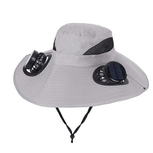 Light Grey Dual Turbo Fan Sun Hat with Round Solar Panel & TypeC Interface - Waterproof 14cm Wide-Brim Cooling Hat for Outdoor Fishing Hiking Camping.