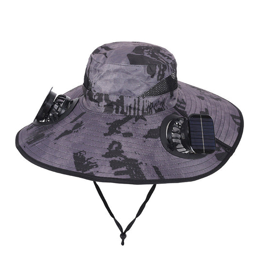 Camouflage Grey Dual Turbo Fan Sun Hat with Square Solar Panel & TypeC Interface - Waterproof 14cm Wide-Brim Cooling Hat for Outdoor Fishing Hiking Camping.
