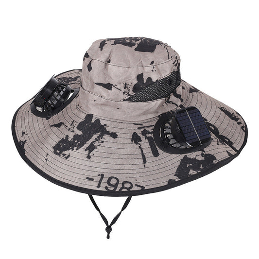 Camouflage Khaki Dual Turbo Fan Sun Hat with Square Solar Panel & TypeC Interface - Waterproof 14cm Wide-Brim Cooling Hat for Outdoor Fishing Hiking Camping.