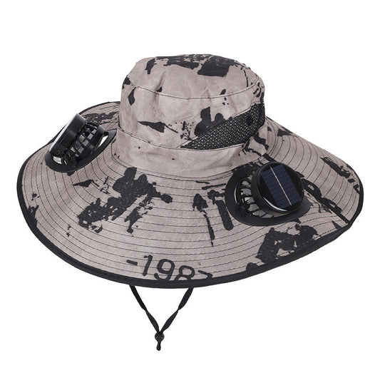Camouflage Khaki Dual Turbo Fan Sun Hat with Round Solar Panel & TypeC Interface - Waterproof 14cm Wide-Brim Cooling Hat for Outdoor Fishing Hiking Camping.