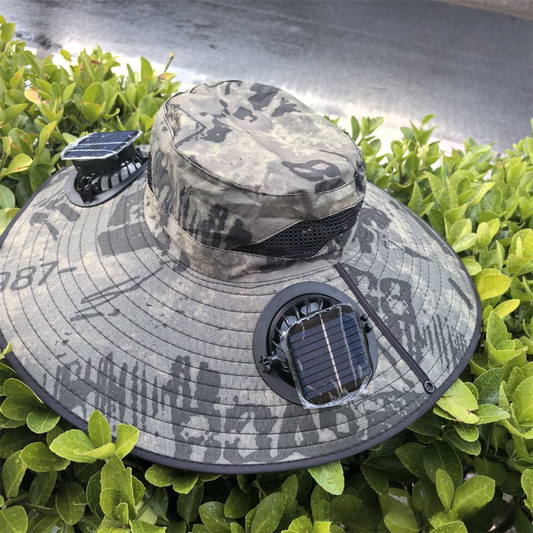 Camouflage Green Dual Turbo Fan Sun Hat with Square Solar Panel & TypeC Interface - Waterproof 14cm Wide-Brim Cooling Hat for Outdoor Fishing Hiking Camping.