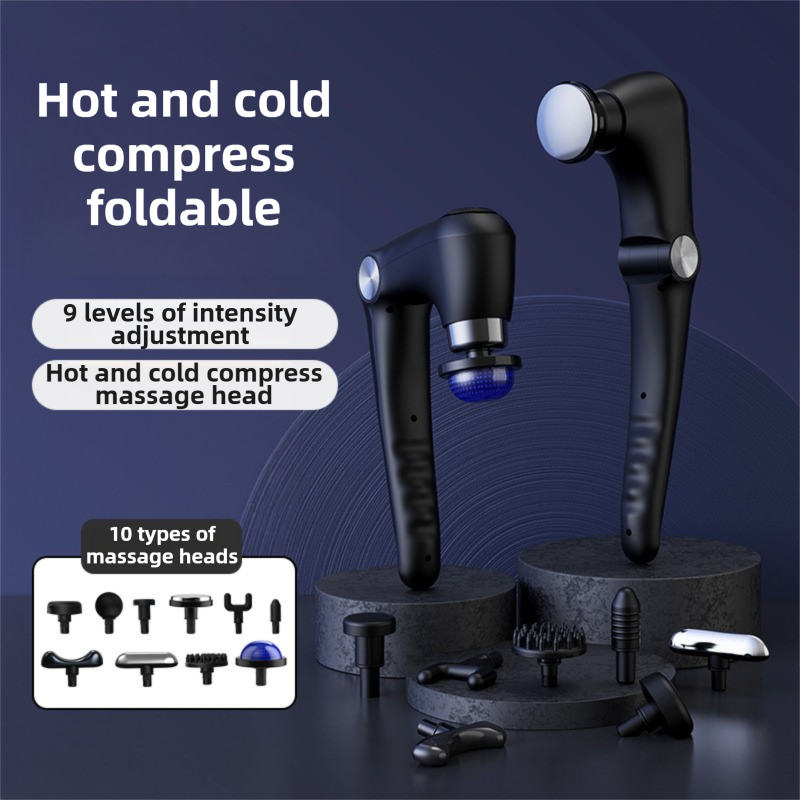 Black-Sliver Foldable Percussion Massage Gun with Hot Cold Compress & 10 Heads - 9 Speed Levels and High Frequency Vibration Full Body Muscle Relaxer