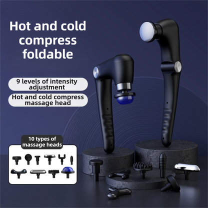 Black-Sliver Foldable Percussion Massage Gun with Hot Cold Compress & 10 Heads - 9 Speed Levels and High Frequency Vibration Full Body Muscle Relaxer