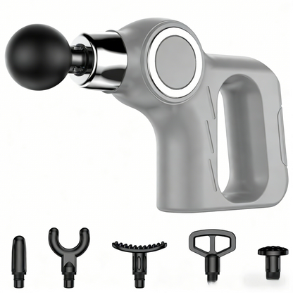 Grey Portable Mini Triangle Massage Gun with 6 Heads & 6 Speed Setting - High Frequency Muscle Stimulator for Professional Fitness (Button Model)