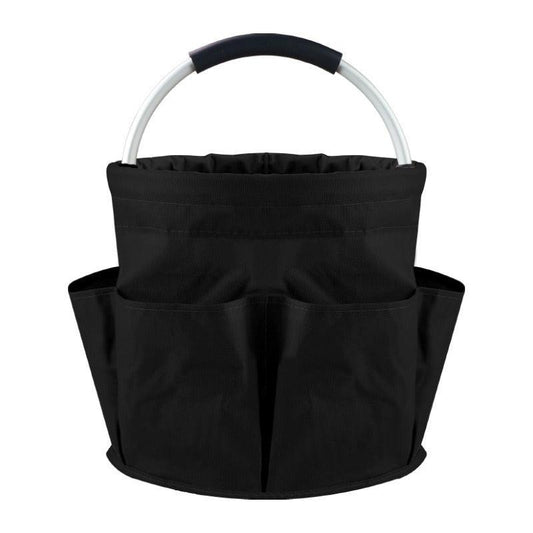 Black Foldable Oxford Cloth Round Picnic Basket with Padded Metal Handle - 6 Pocket Large Capacity Storage Tote for Outdoor Beach and Shopping.
