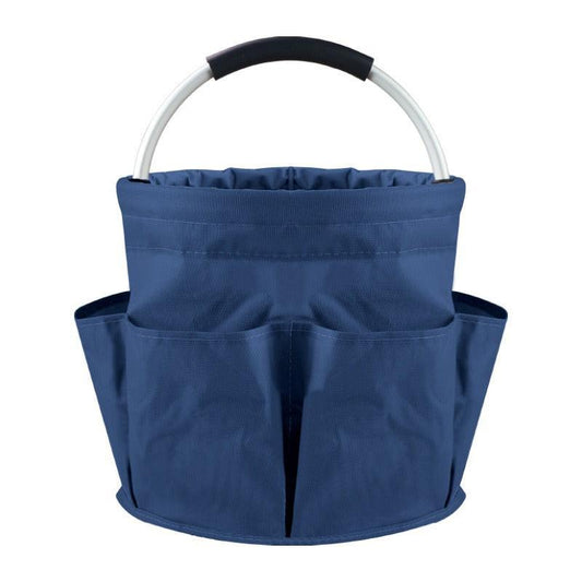 Blue Foldable Oxford Cloth Round Picnic Basket with Padded Metal Handle - 6 Pocket Large Capacity Storage Tote for Outdoor Beach and Shopping.